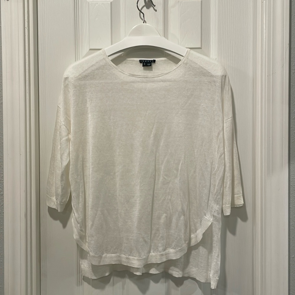 Theory Baylor Ivory Linen Blend 3/4 Sleeve Top Boat Neck Round Hem Small